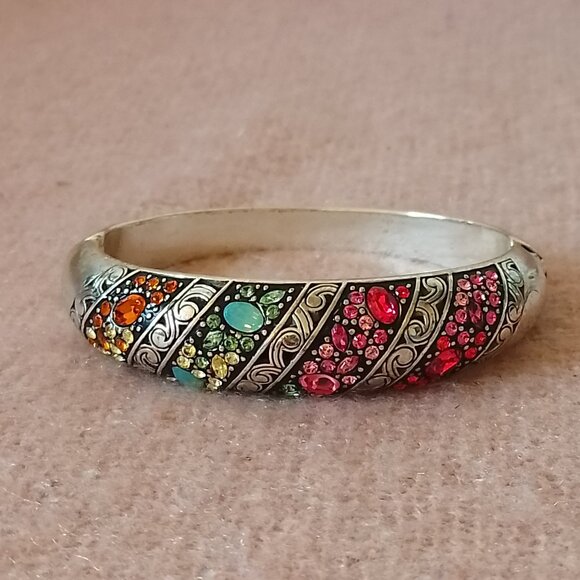 Brighton Crystal Voyage Bracelet--Silver Tone Hinged Bangle w/Rainbow Stones - Picture 1 of 4